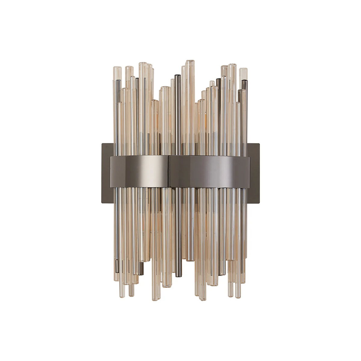 Wall sconce with vertical clear and amber glass rods, secured by a horizontal metal band