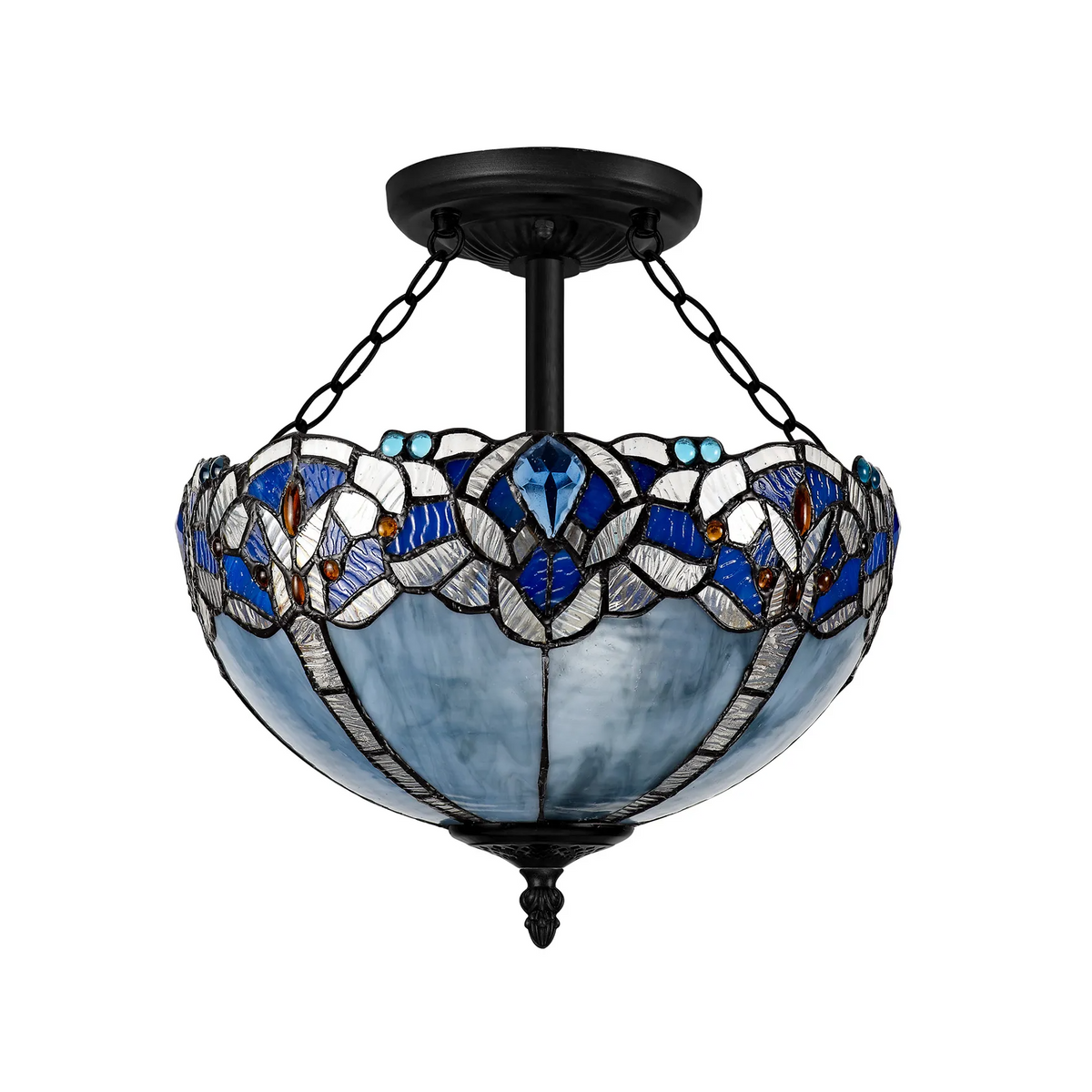 Oakley 40cm 3 Light Tiffany Semi Flush Ceiling Light in Black & Blue