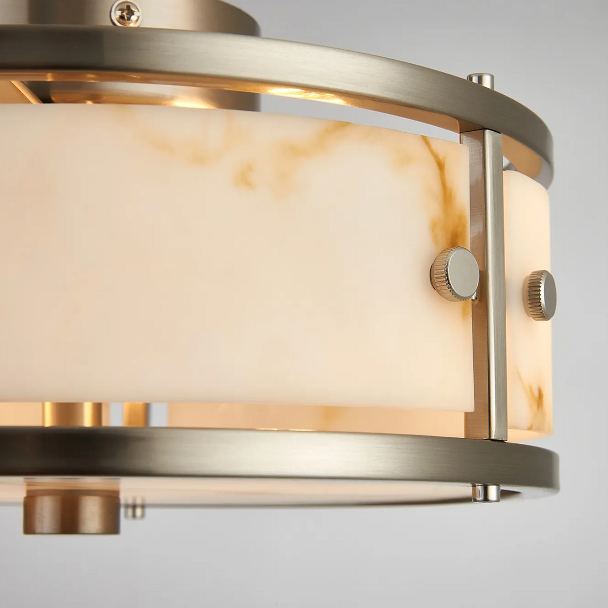 Scarva IP44 250mm Round Ceiling Light in Satin Nickel with Brown Faux Alabaster