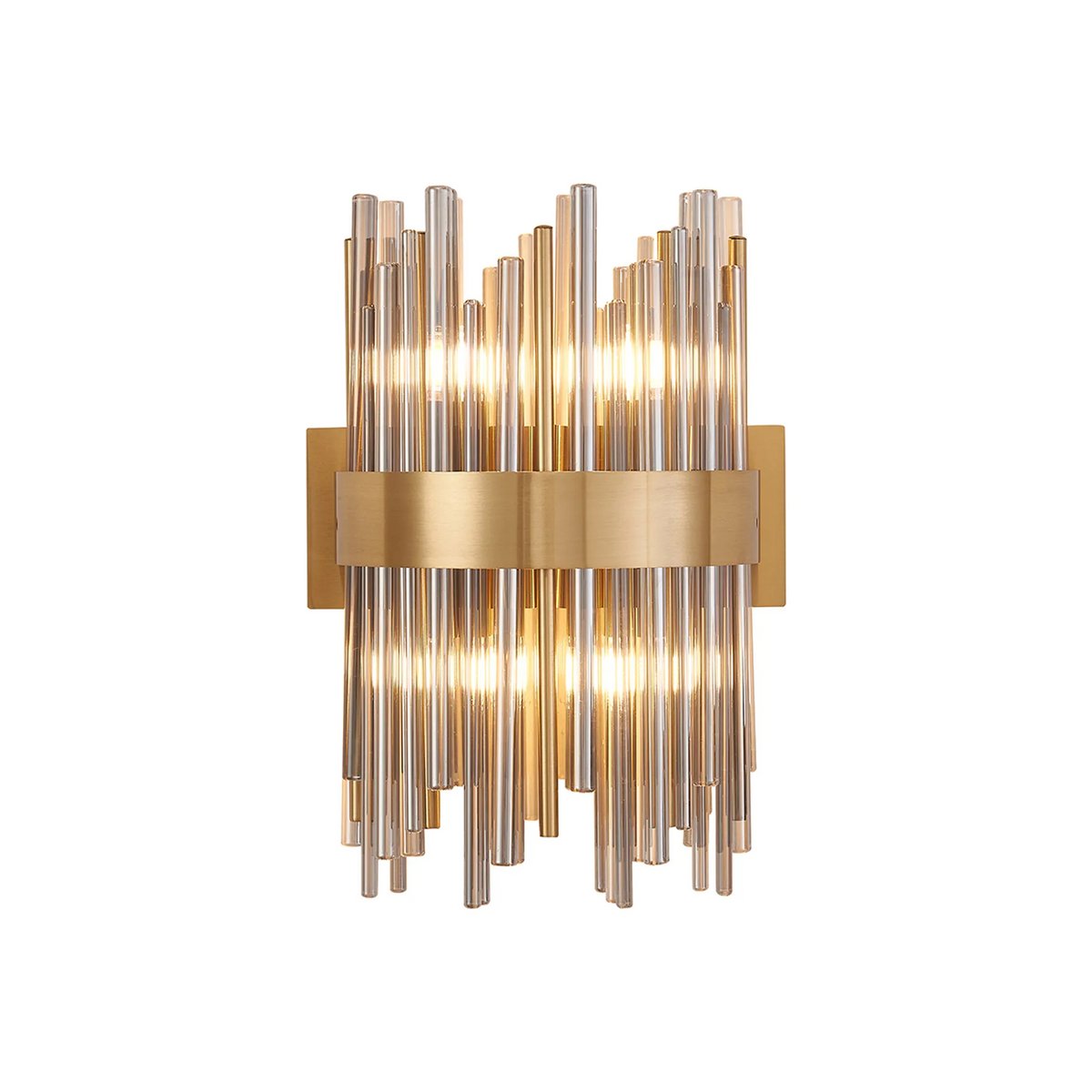 Gold wall sconce with vertical clear and amber glass rods