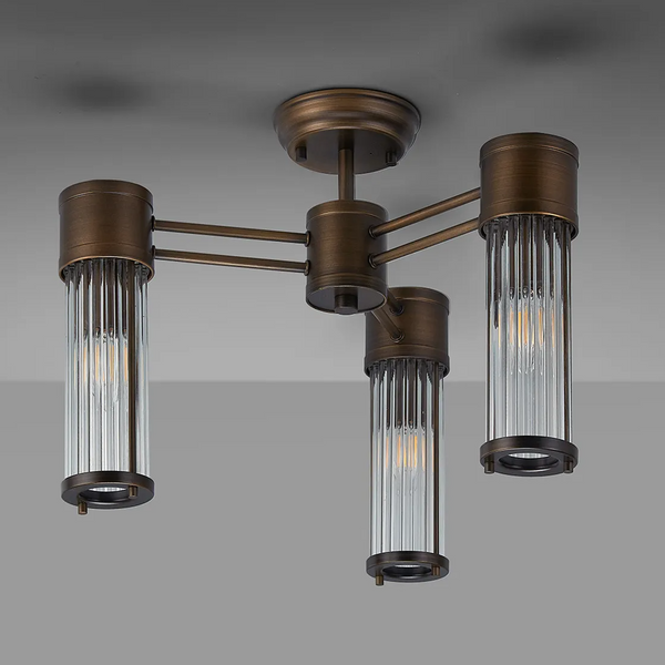Tansley E14 IP44 Three Light Semi Flush Ceiling Light in Bronze with Clear Glass Rods