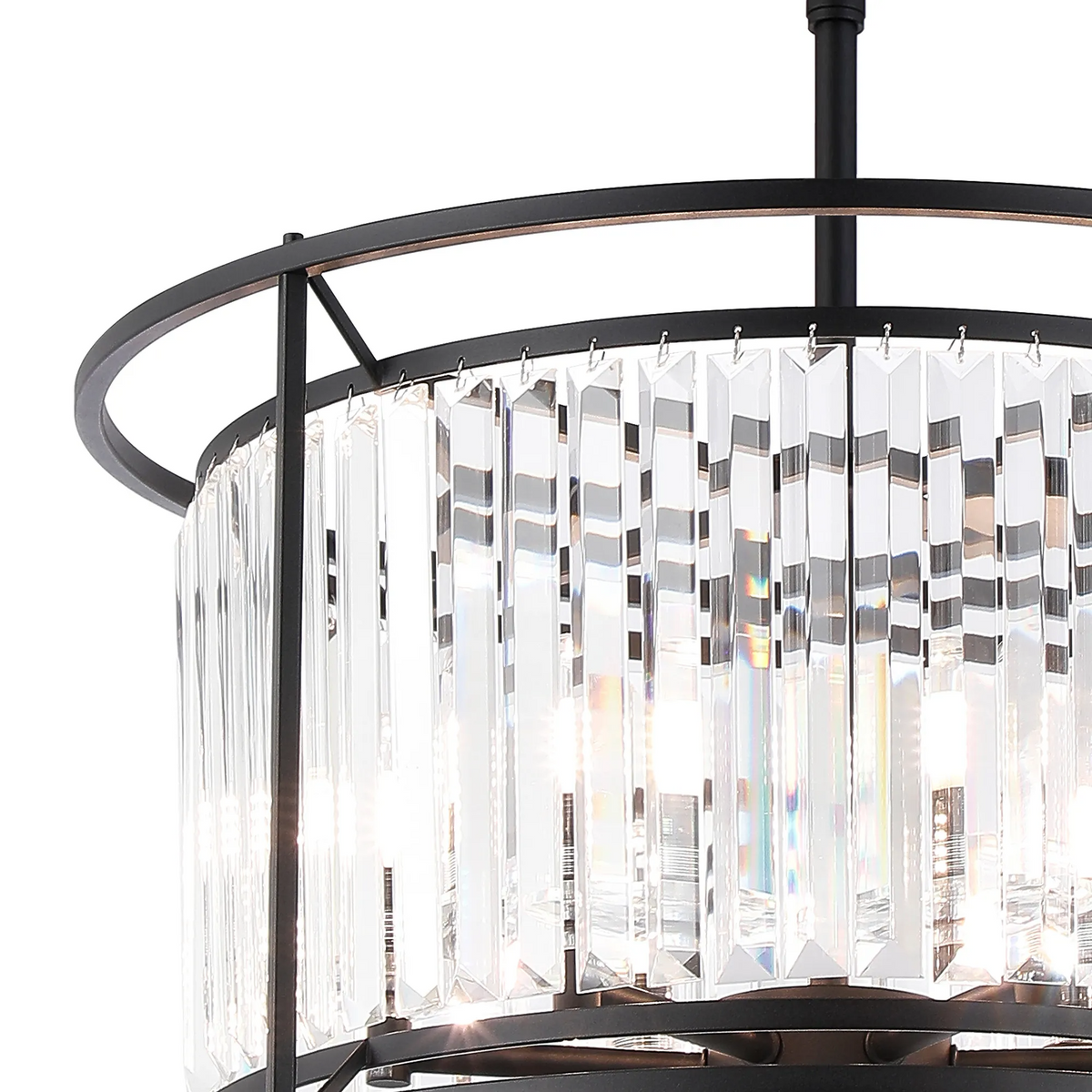 Close up of a black metal chandelier with clear rectangular crystal accents