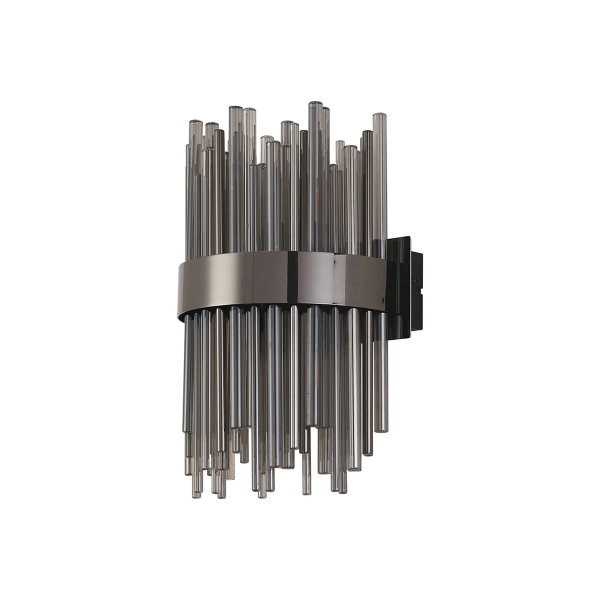 Wall sconce with vertical smoked glass rods and a dark metal band