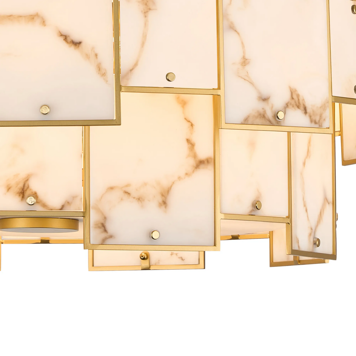 Close-up of a chandelier with rectangular alabaster panels framed in gold, illuminated from within