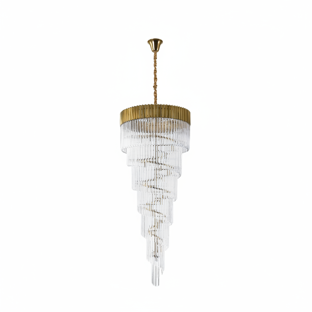 Tiered spiral crystal chandelier with gold finish frame