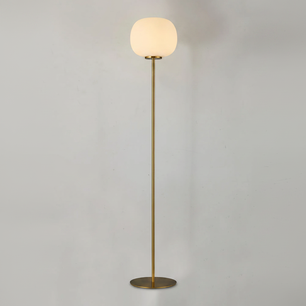 Milton Medium Oval Ball Floor Lamp in Aged Brass & Frosted White Shade