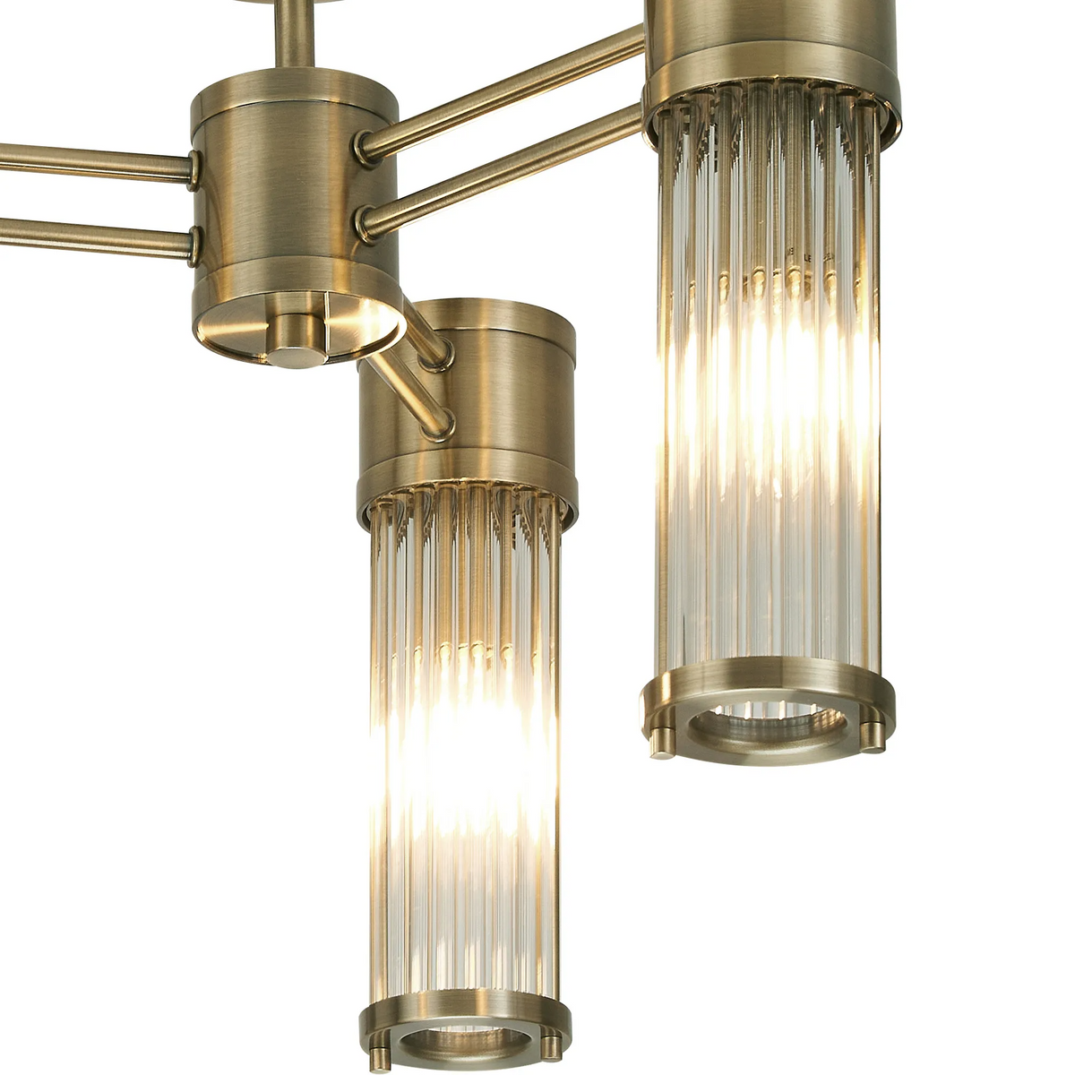 Tansley E14 IP44 Three Light Semi Flush Ceiling Light in Antique Brass with Clear Glass Rods