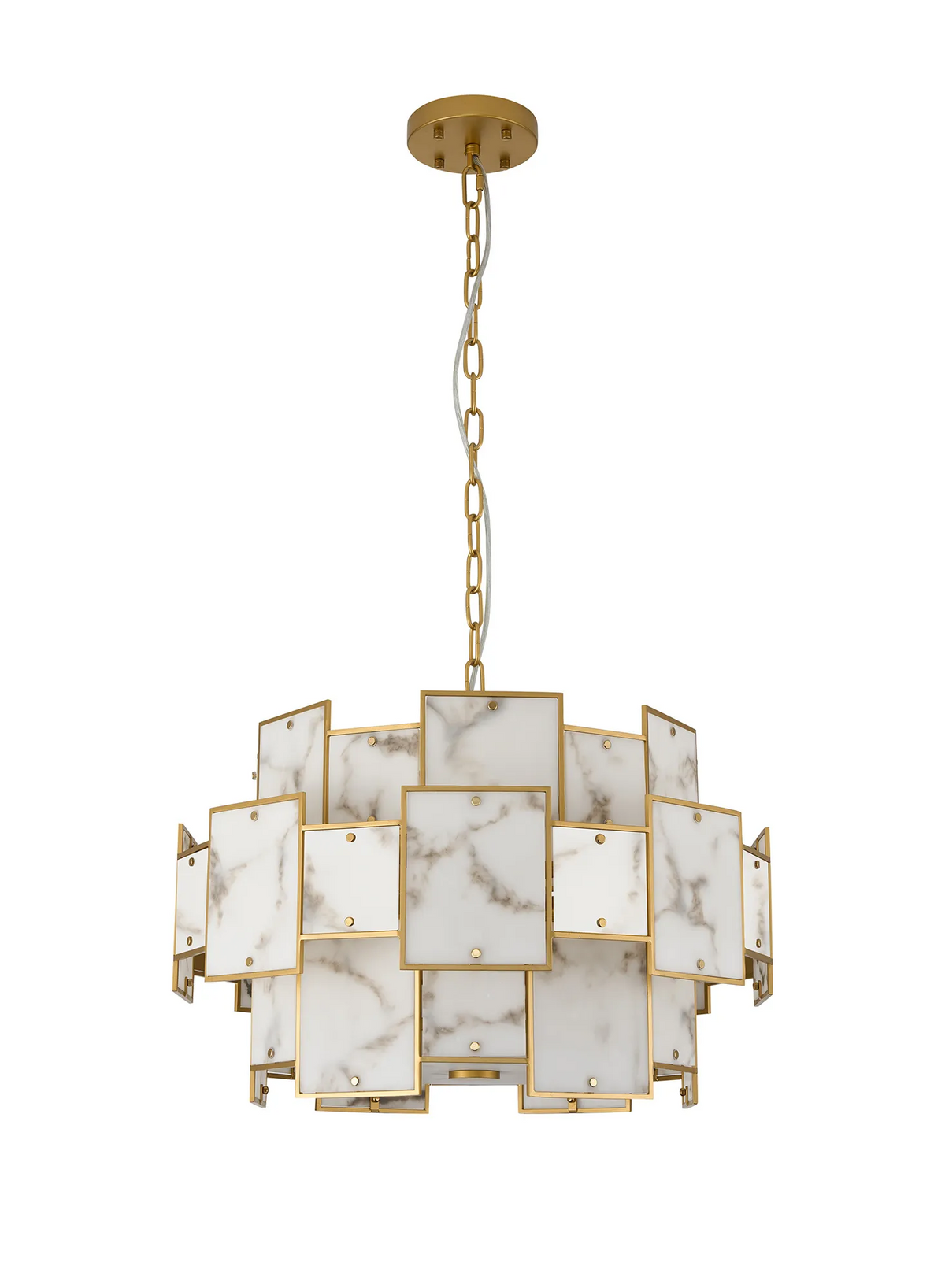 Gold chandelier with square white marble panels