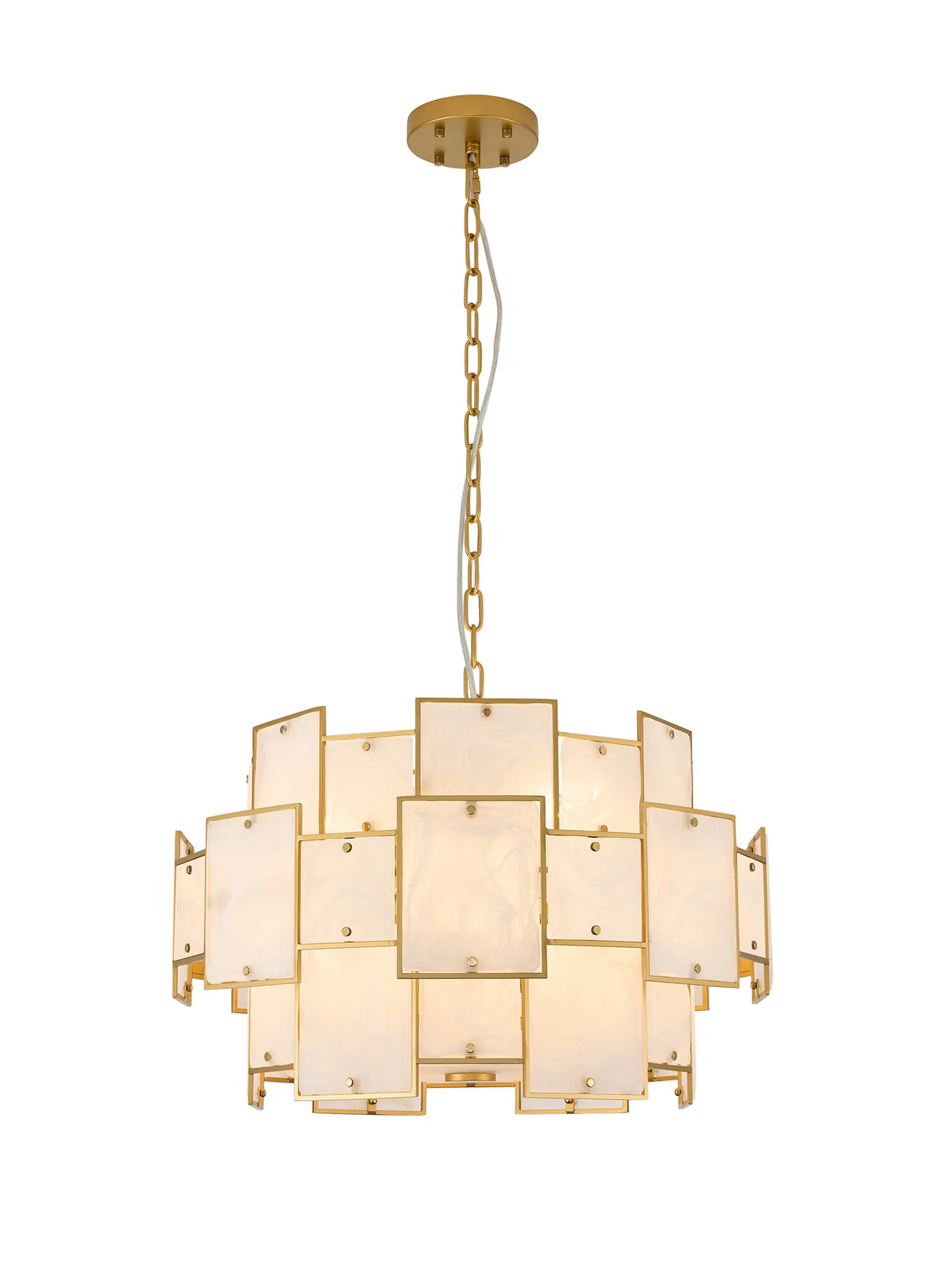 Gold chandelier with rectangular white alabaster shades