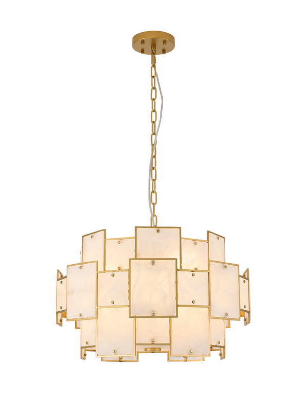 Gold chandelier with rectangular white alabaster shades
