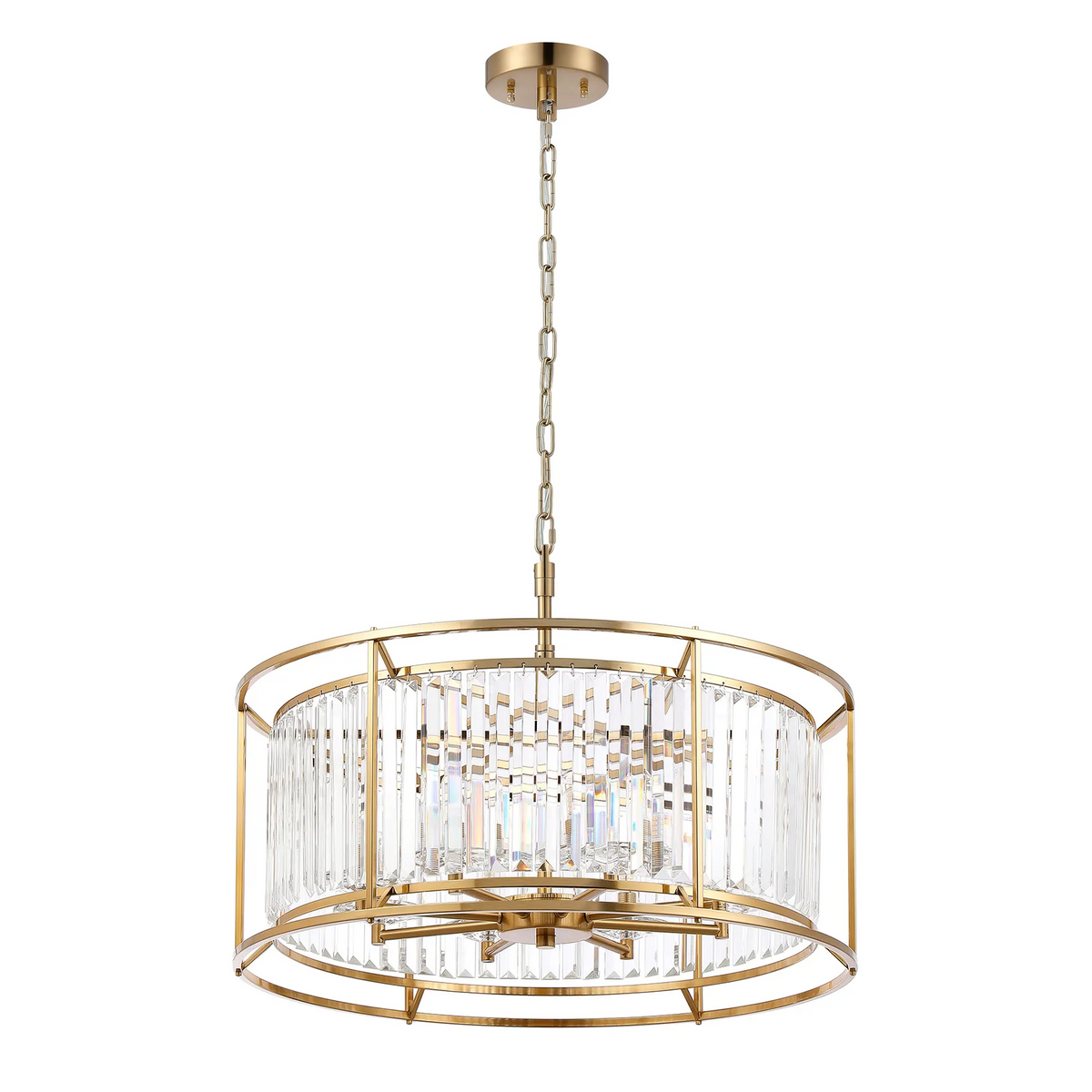 Gold chandelier with a drum-shaped frame and clear rectangular crystal accents