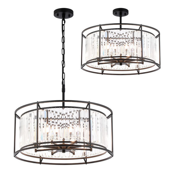 Two black metal chandeliers with clear rectangular crystal accents, one hanging by a chain, the other flush mount