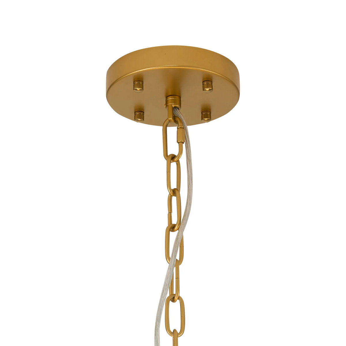 Gold ceiling plate with a gold chain and electrical wire hanging from it