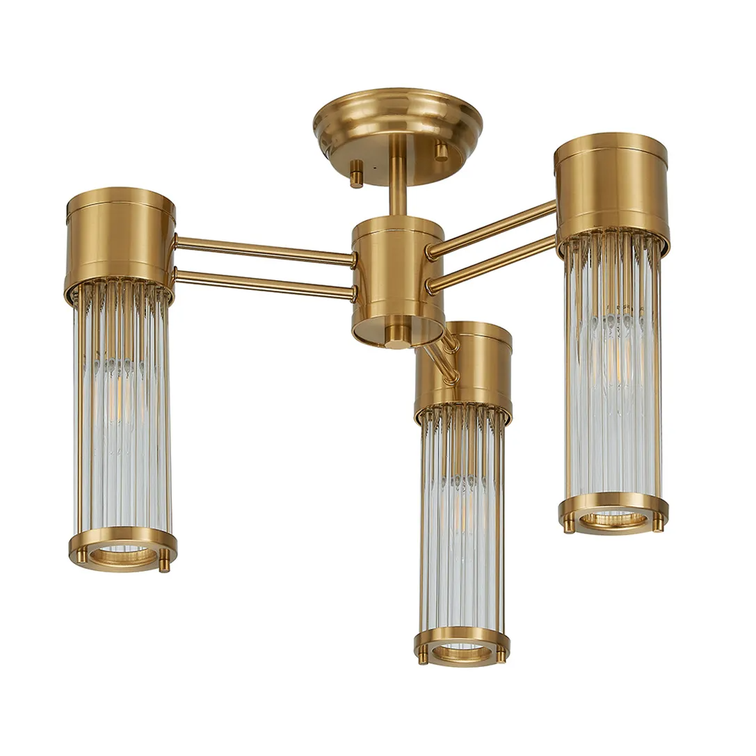 Tansley E14 IP44 Three Light Semi Flush Ceiling Light in Gold with Clear Glass Rods