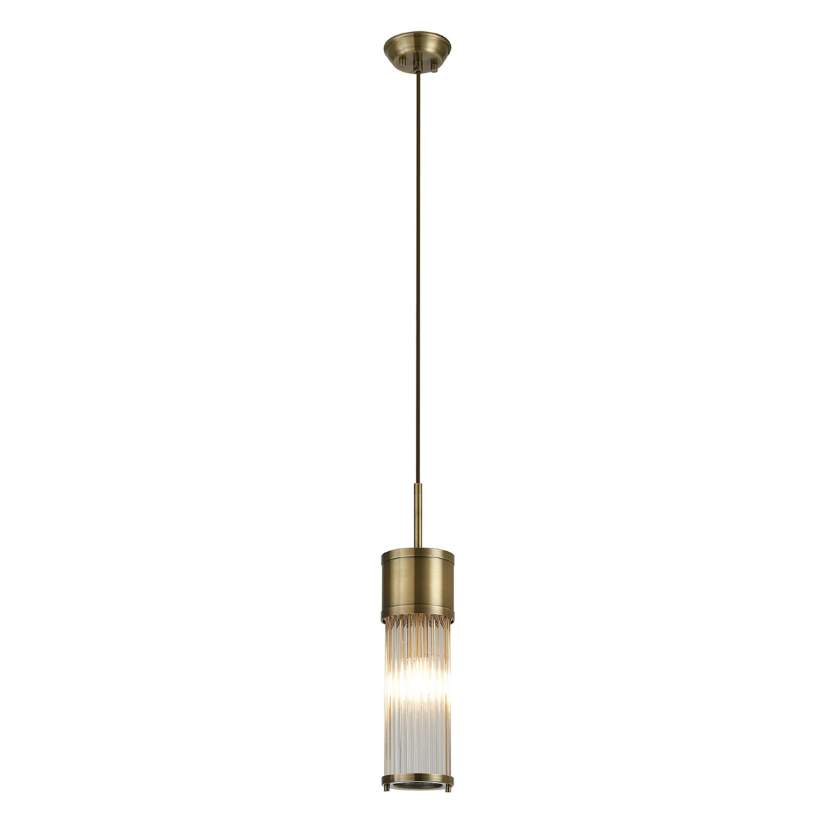 Tansley E14 IP44 Single Drop Pendant in Antique Brass with Clear Glass Rods