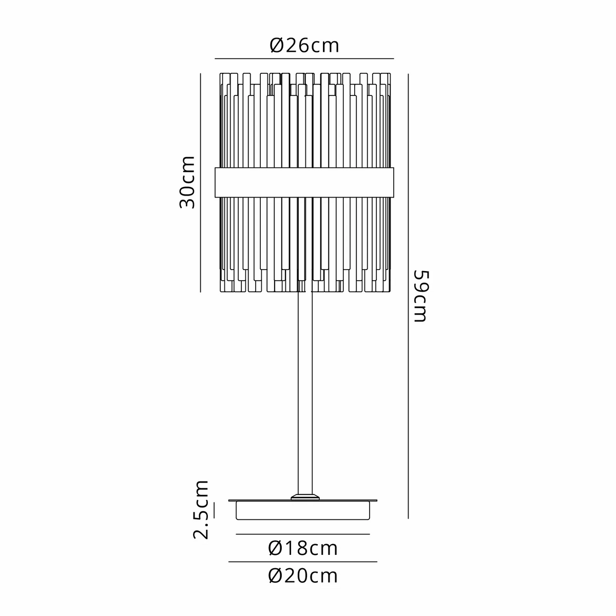 Line drawing of a table lamp with dimensions. The lamp is 59cm high, with a 26cm diameter shade