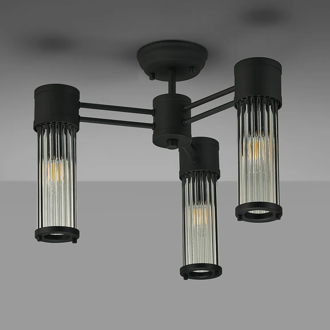 Tansley E14 IP44 Three Light Semi Flush Ceiling Light in Satin Black with Clear Glass Rods