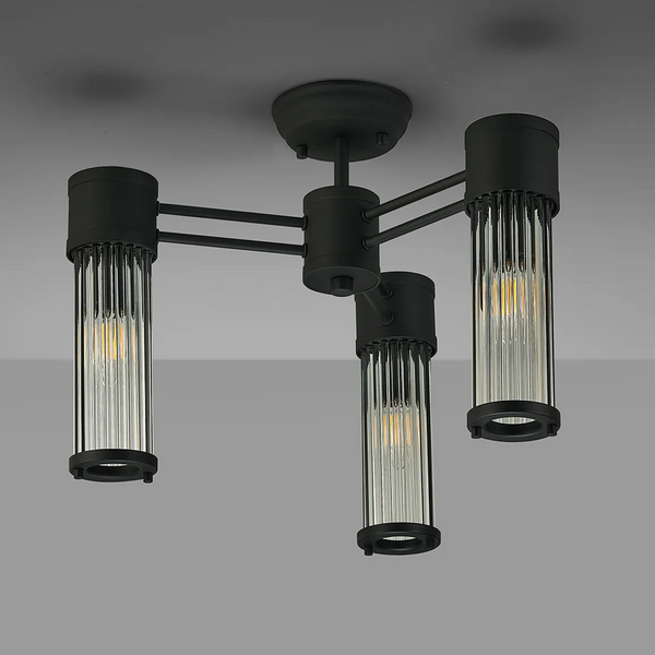 Tansley E14 IP44 Three Light Semi Flush Ceiling Light in Satin Black with Clear Glass Rods