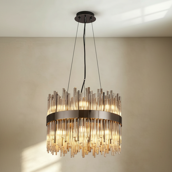 Round chandelier with bronze frame and clear glass rods