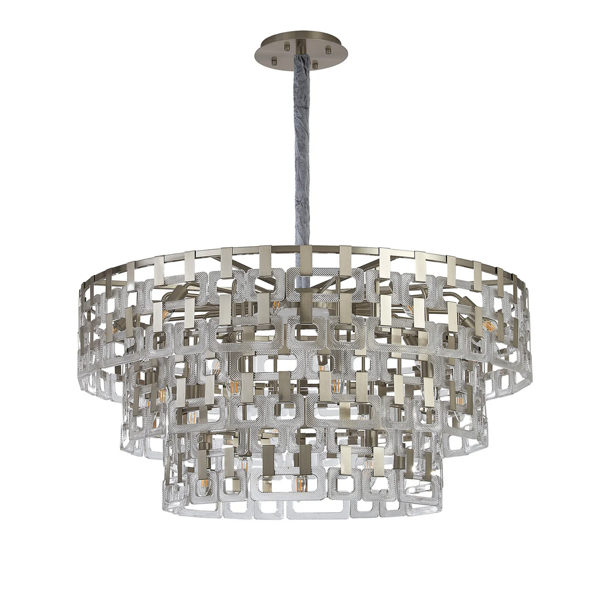 Heptonstall 1000mm Three Tier Round Pendant in Satin Nickel with Clear Glass