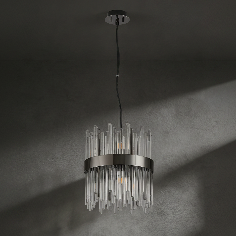 Round chandelier with clear glass rods and a dark metal band