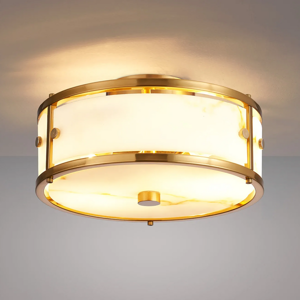Scarva IP44 250mm Round Ceiling Light in Brass with Brown Faux Alabaster