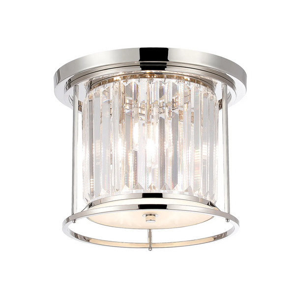Polished nickel flush mount light with clear crystal rods
