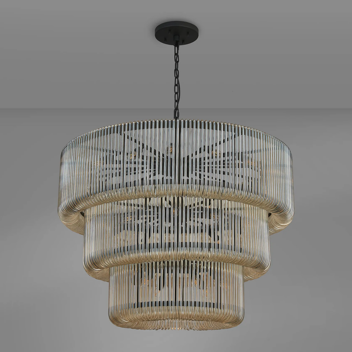 Jevington 1000mm Three Tier Pendant or Semi Flush in Black with Smoke Brown Glass