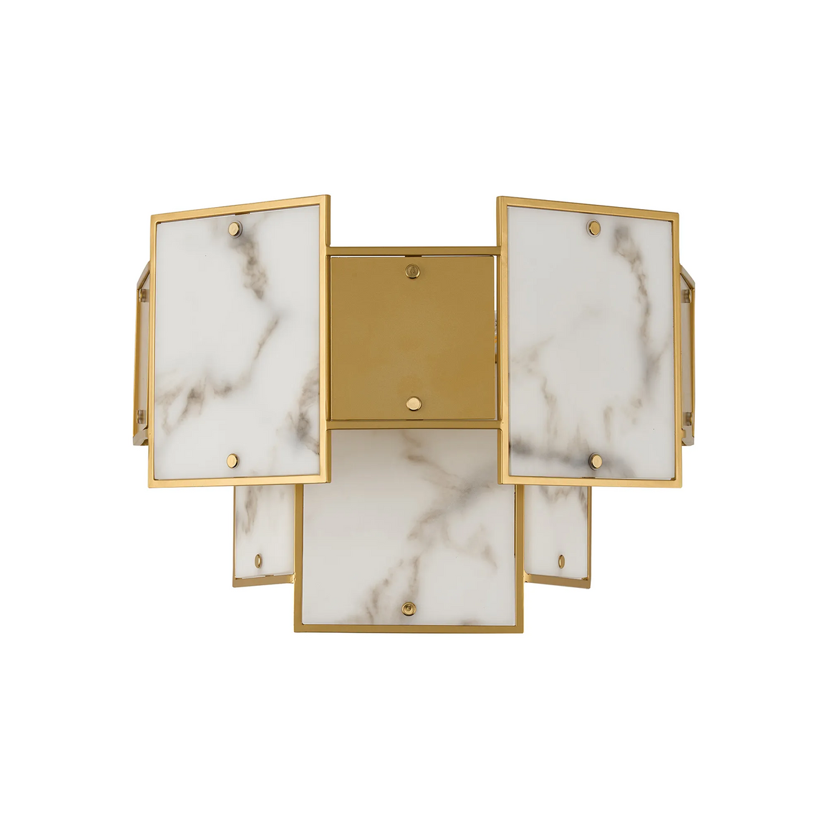 Gold and white wall sconce with rectangular marble-patterned panels