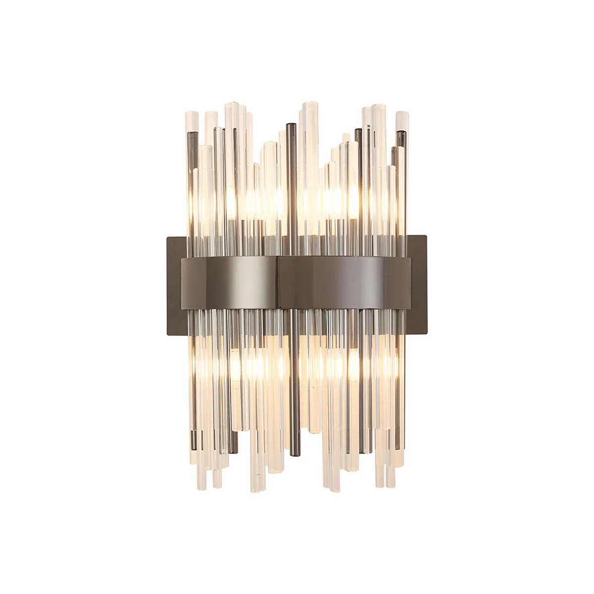 Rectangular wall sconce with clear glass rods and a dark metal band