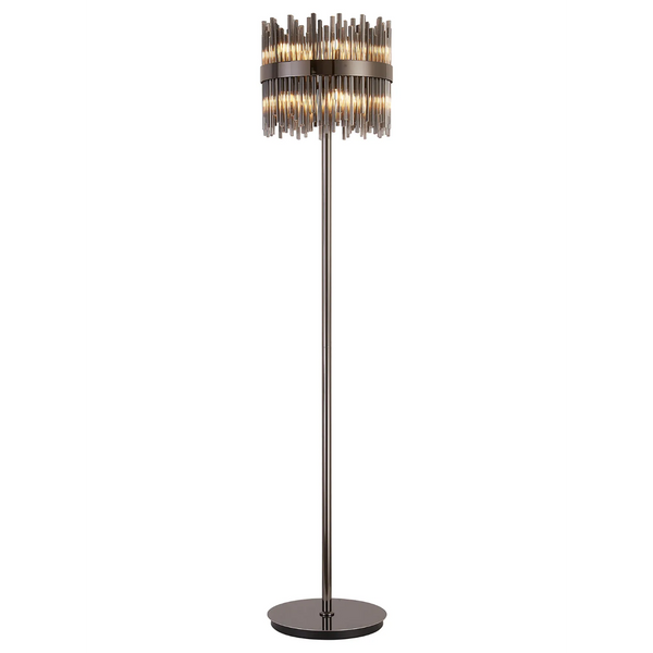 Floor lamp with a cylindrical shade made of vertical glass rods and a metal base