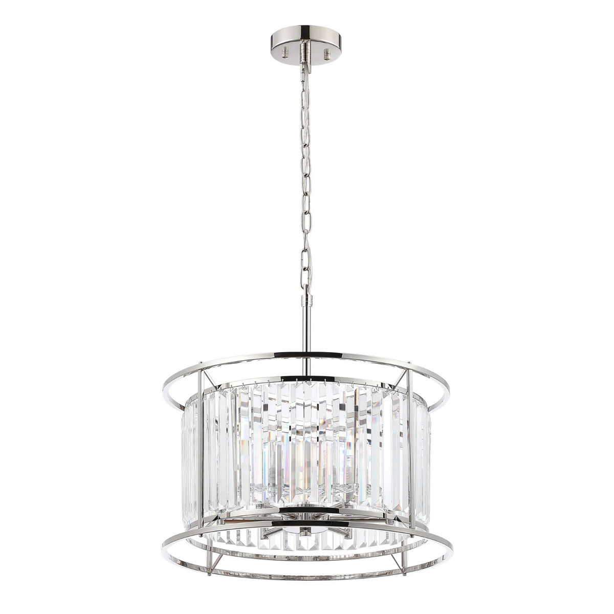 Round chandelier with chrome finish and clear crystal rods