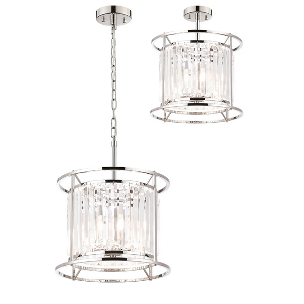 Two polished nickel and crystal chandeliers, one hanging by a chain, the other flush mounted