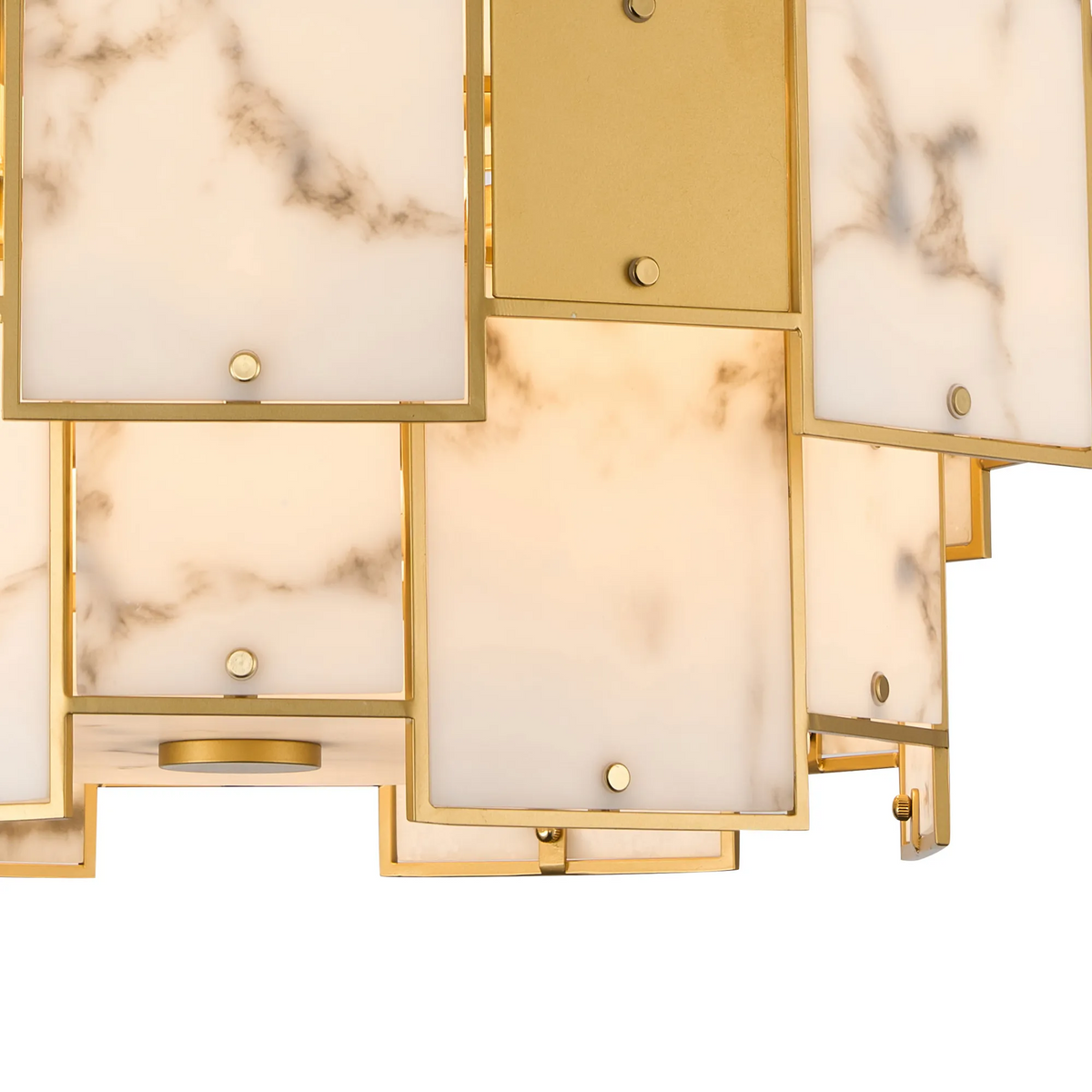 Close-up of a gold and marble chandelier with square panels