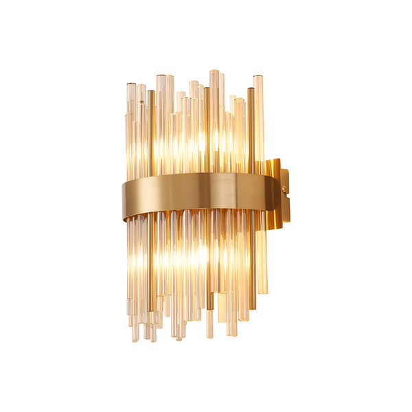 Brass wall sconce with vertical glass rods and a horizontal brass band