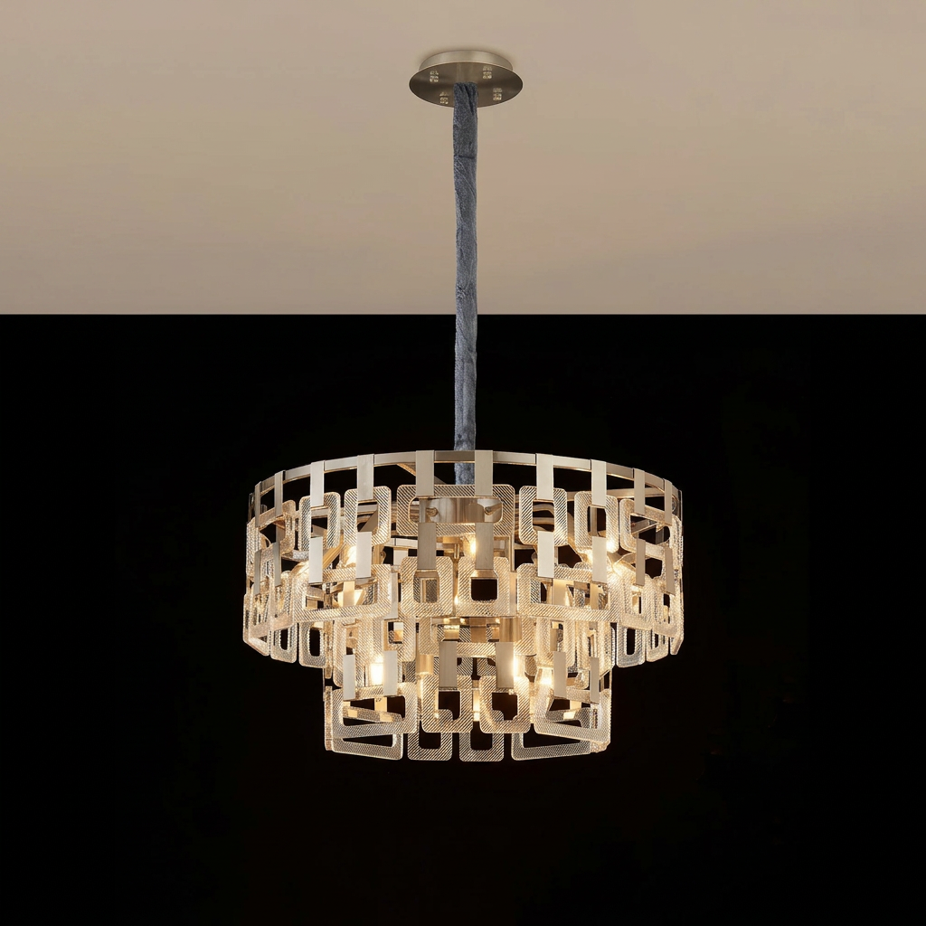 Heptonstall 620mm Two Tier Round Pendant in Satin Nickel with Clear Glass