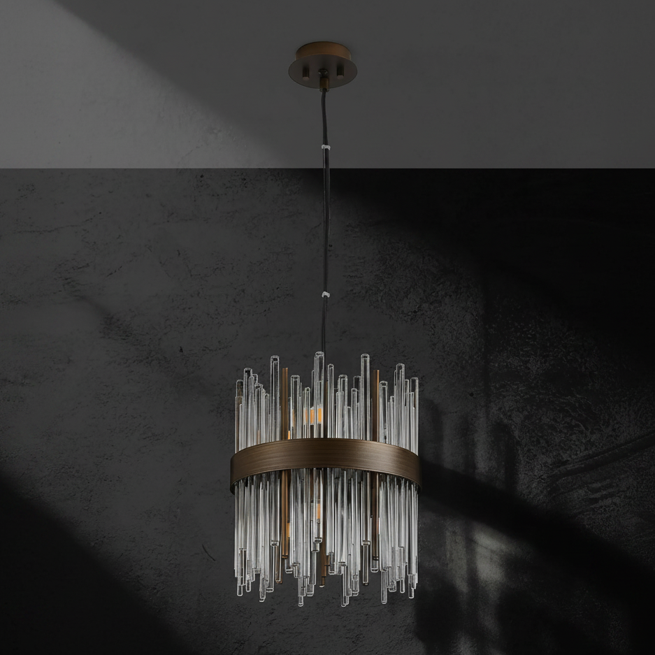 Bronze chandelier with clear glass rods in a cylindrical shape