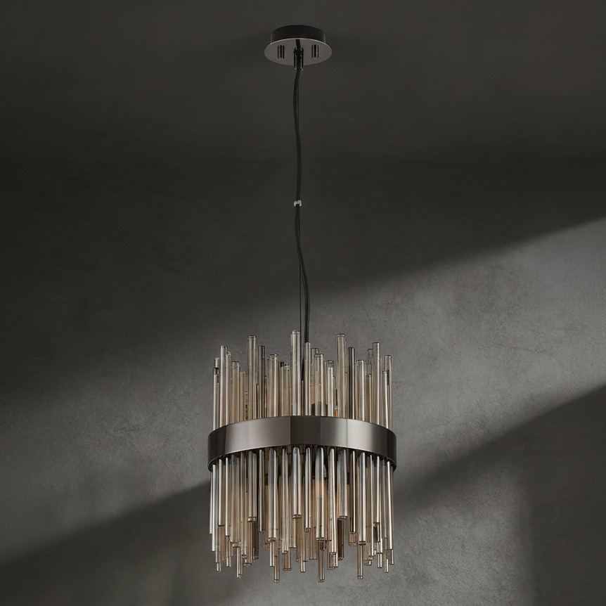 Round chandelier with a black metal frame and clear glass rods