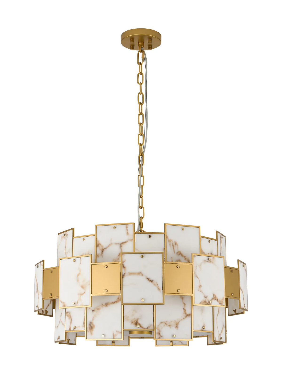 Gold chandelier with rectangular white marble-patterned panels