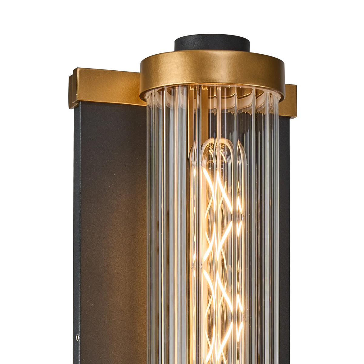 Beeley Large IP54 Wall Light in Black & Gold with Ribbed Glass Shade