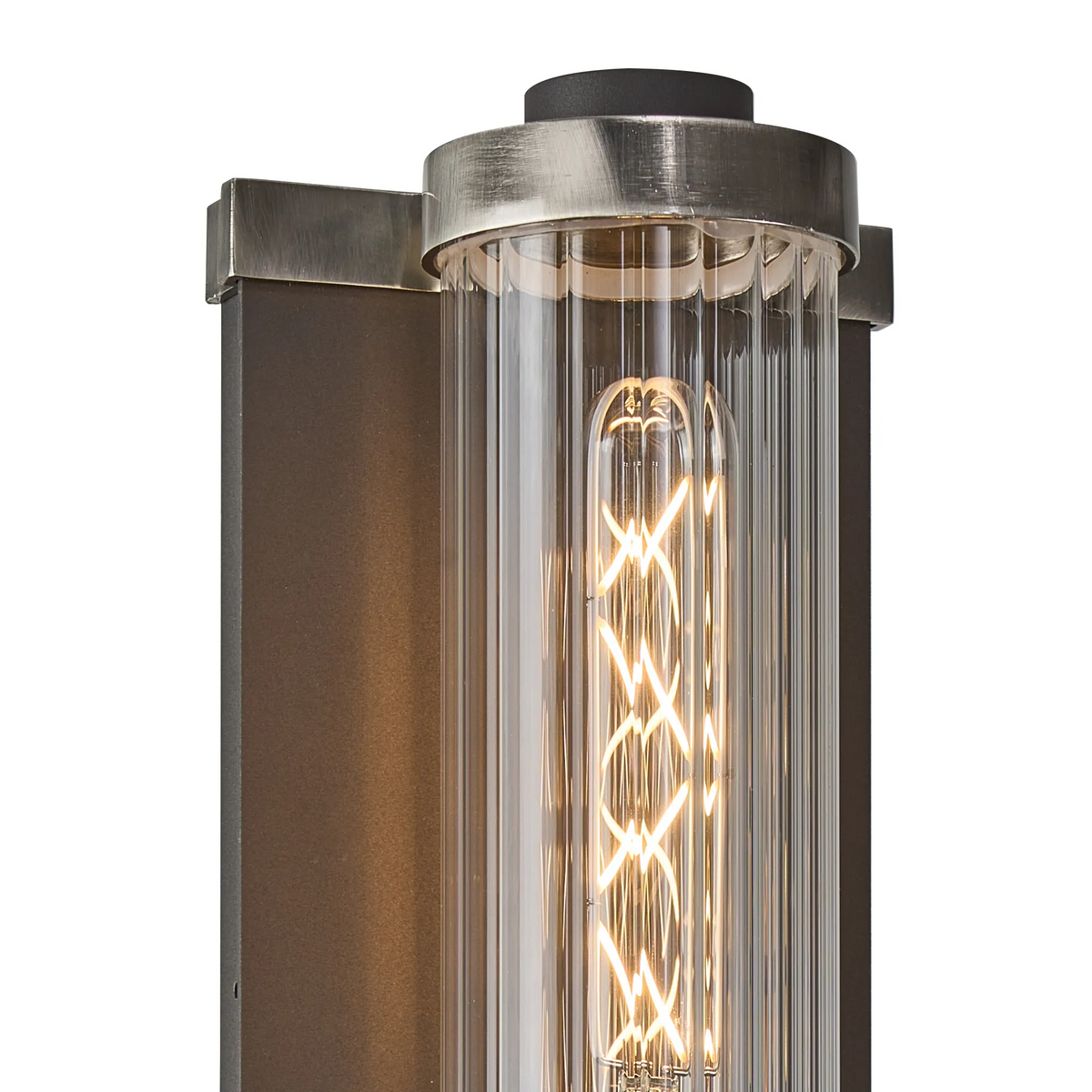 Beeley Large IP54 Wall Light in Anthracite & Satin Nickel with Ribbed Glass Shade