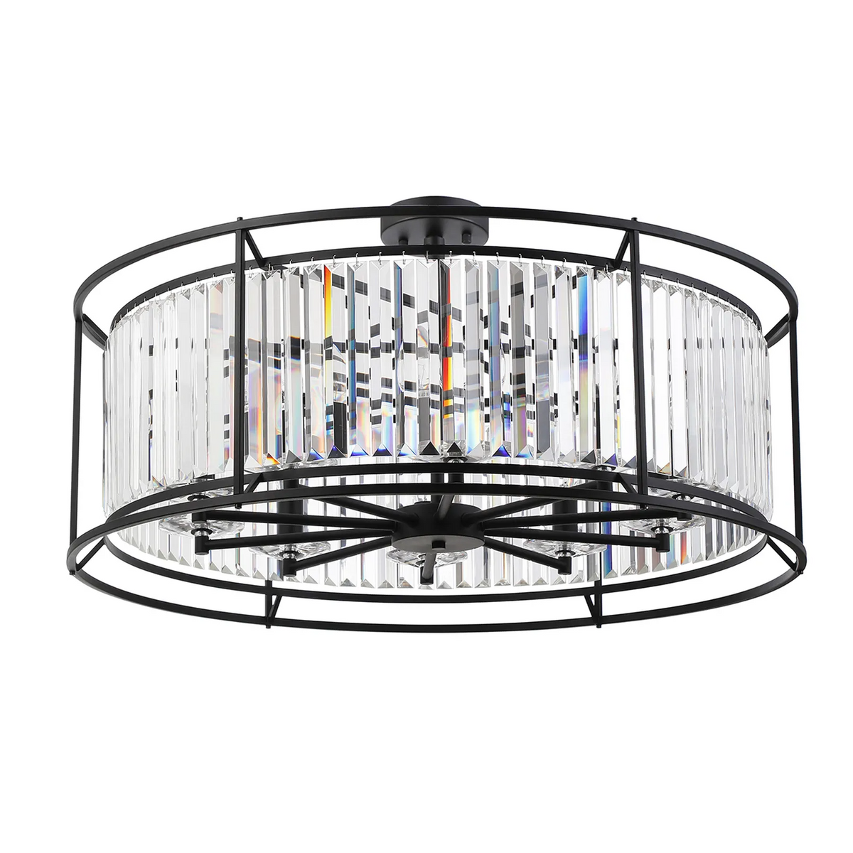 Black metal frame chandelier with clear rectangular crystal accents