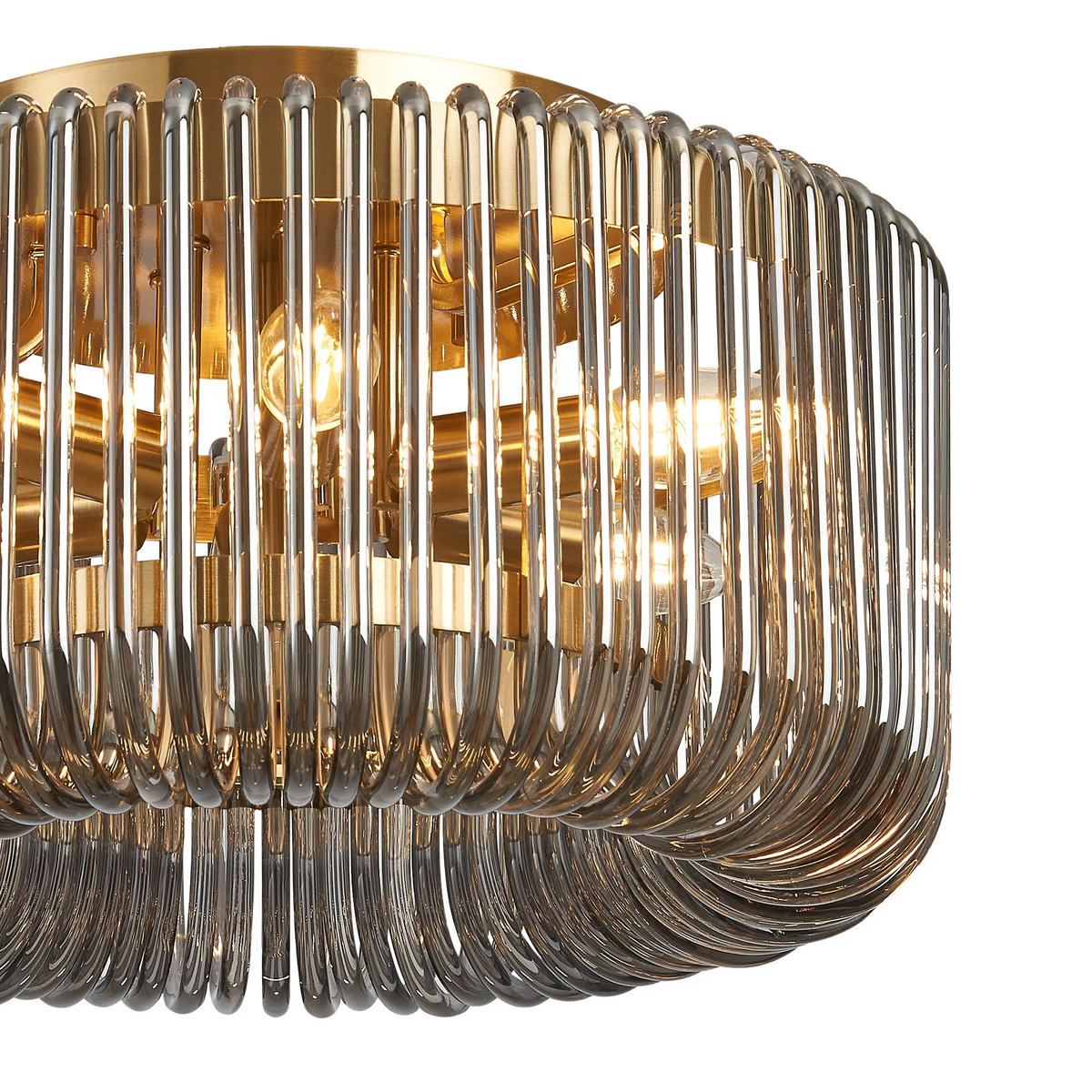 Jevington 400mm Flush Ceiling Light in Brass with Smoked Glass