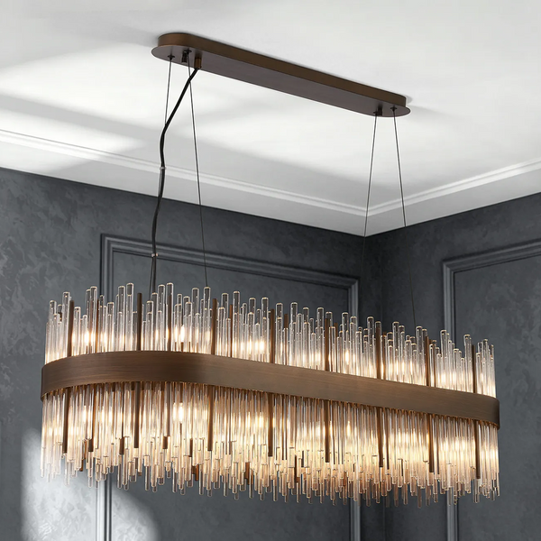 Rectangular chandelier with bronze frame and clear glass rods