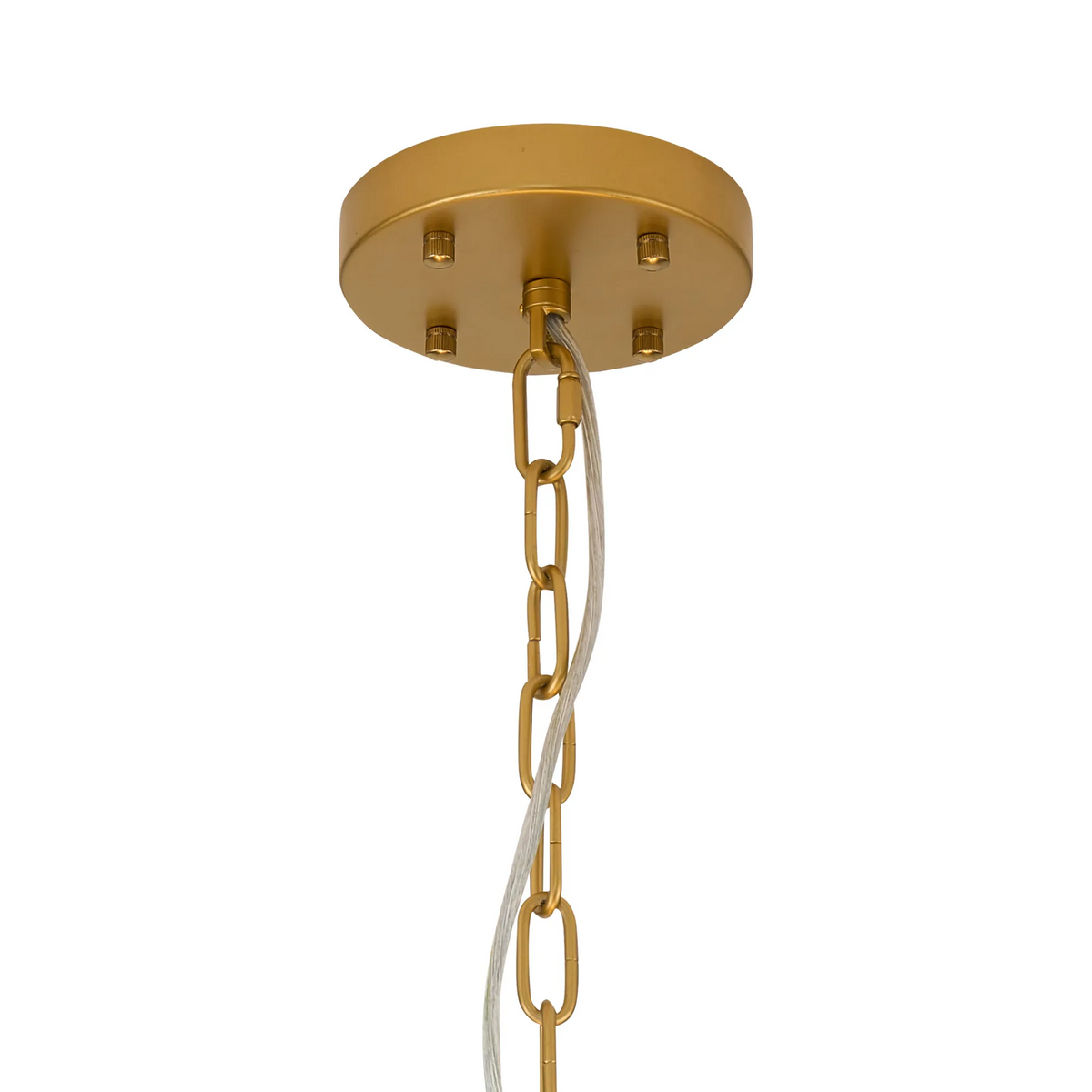 Gold ceiling plate with four screws, a gold chain, and a clear electrical cord