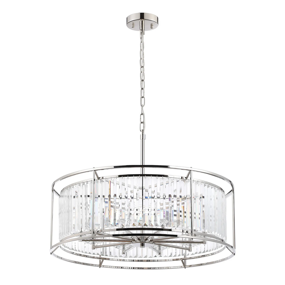Round crystal chandelier with polished nickel frame