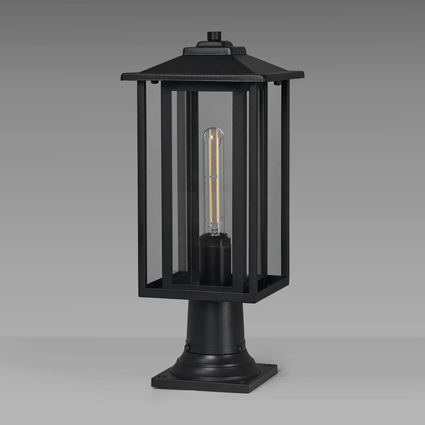 Dersingham IP54 Exterior Pedestal Lamp in Satin Black with Clear Glass