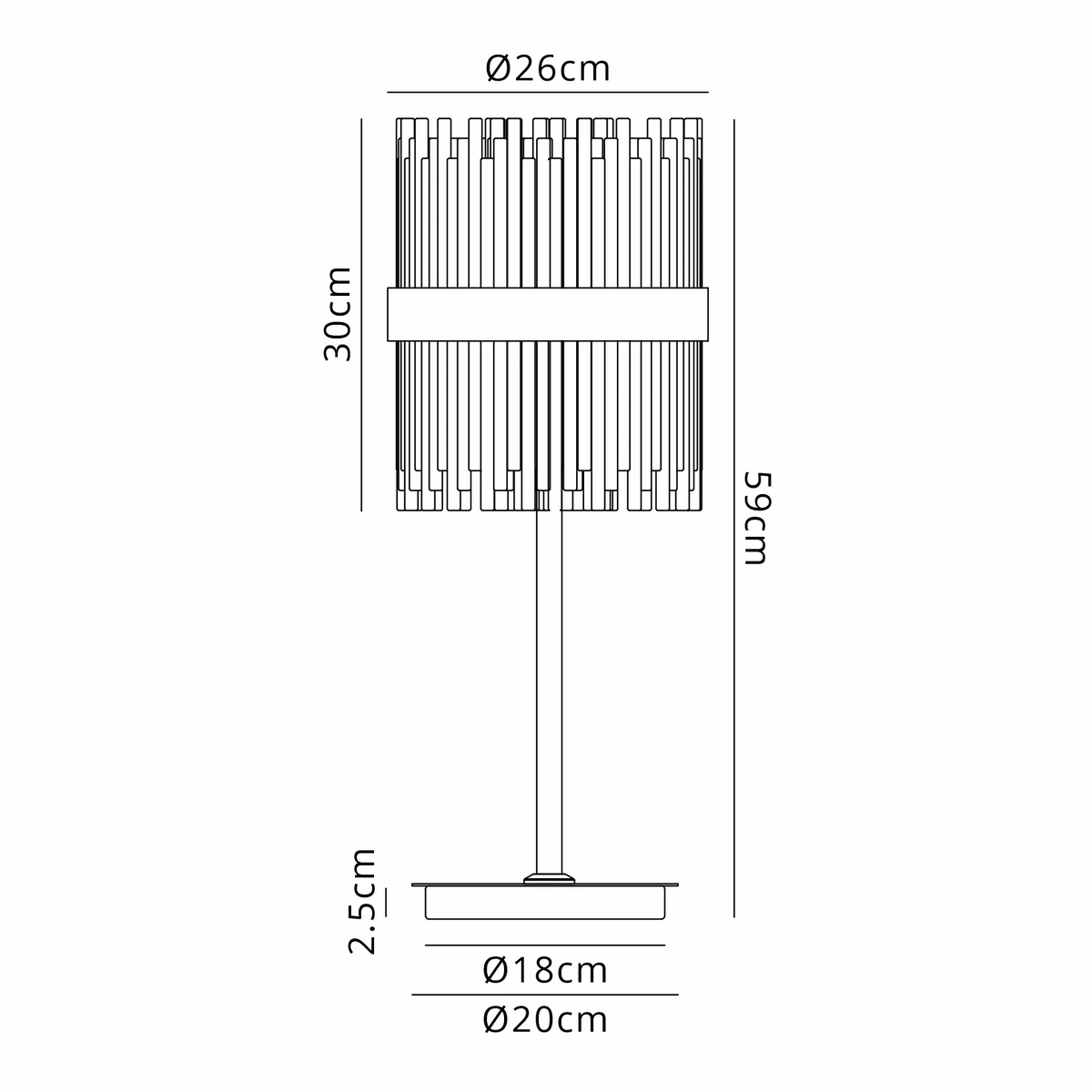 Technical drawing of a table lamp with dimensions: 59cm height, 26cm shade diameter, 20cm base diameter
