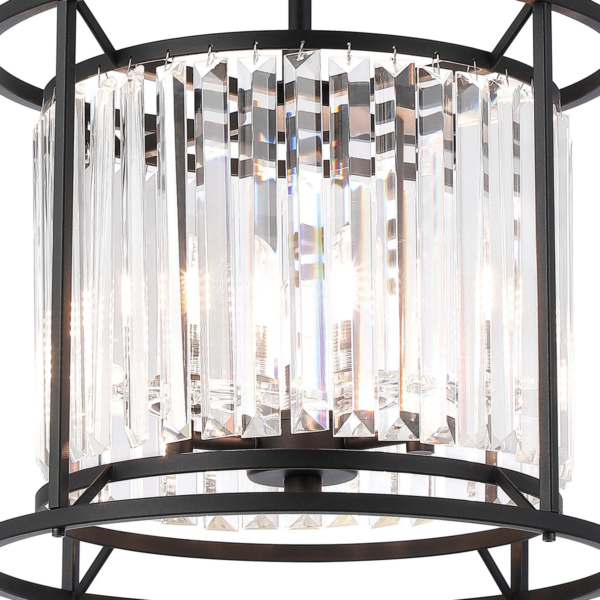 Close up of a black metal chandelier with clear rectangular crystal accents