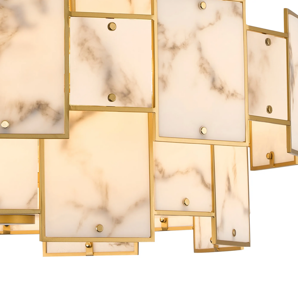 Close up of a chandelier with rectangular marble panels and gold frames